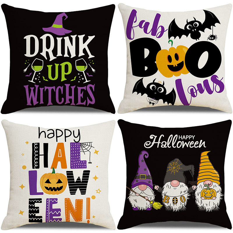 Halloween Pillow Covers 18 x 18 Set of 4 -Linen Print Thanksgiving Sofa Pillow Cover -Happy Halloween Cushion Case for Holiday Party Living Room Bedroom Home Fall Decorative