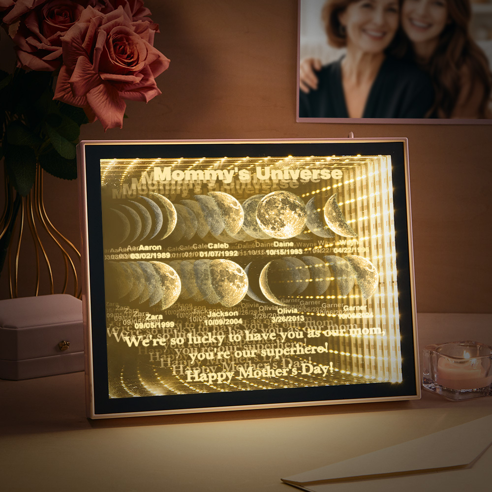 Custom Mirror Infinity Moon Phase Lightbox Personalized Night Light Mirror with Personalized Name and Heartfelt Text for Mom on Mother's Day
