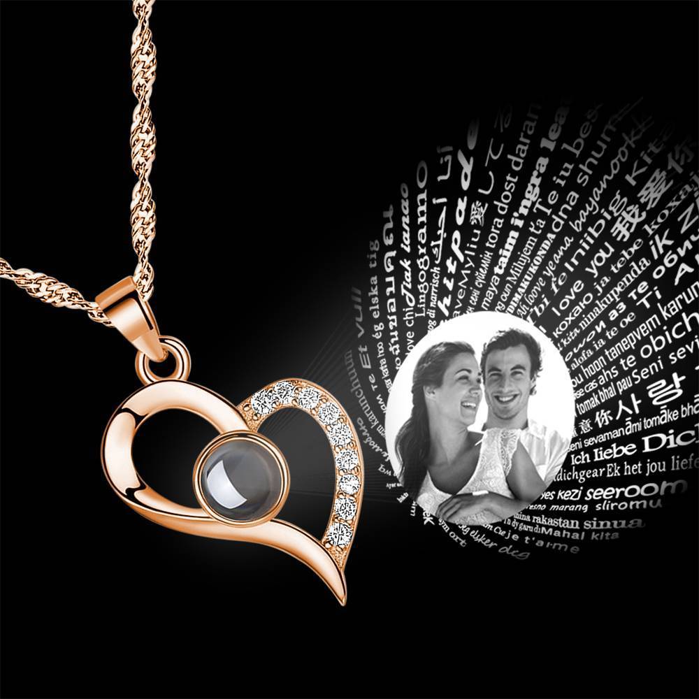 Personalized Photo With 100 Languages Says I Love You Projection Necklace Love Your Heart Rose Gold - MyFaceTshirt