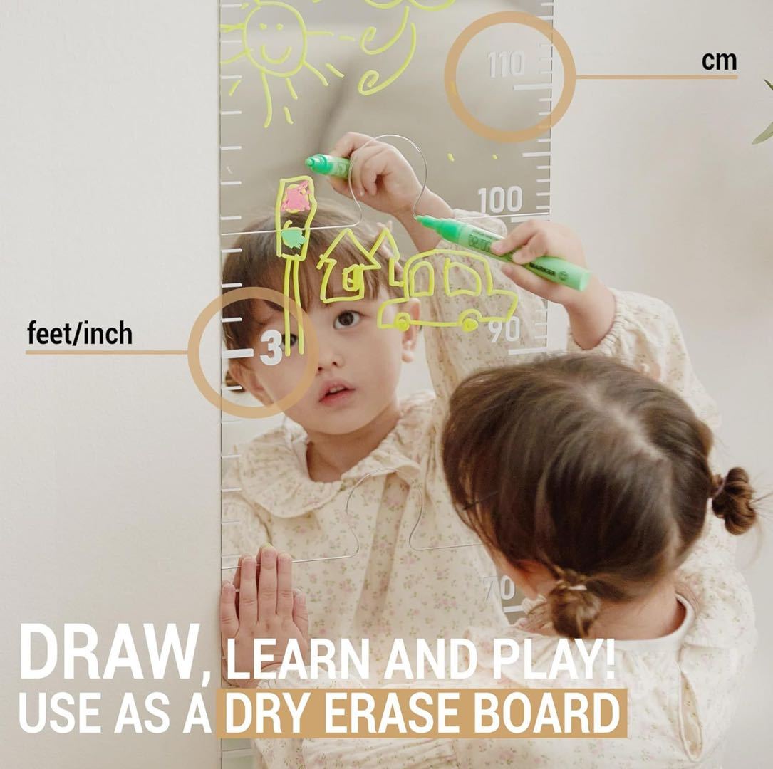 Acrylic Mirror Growth Chart Wall Sticker Kids Height Measurement Ruler in Inches & cm, Decal for Family Baby Room, Nursery, Kindergarten