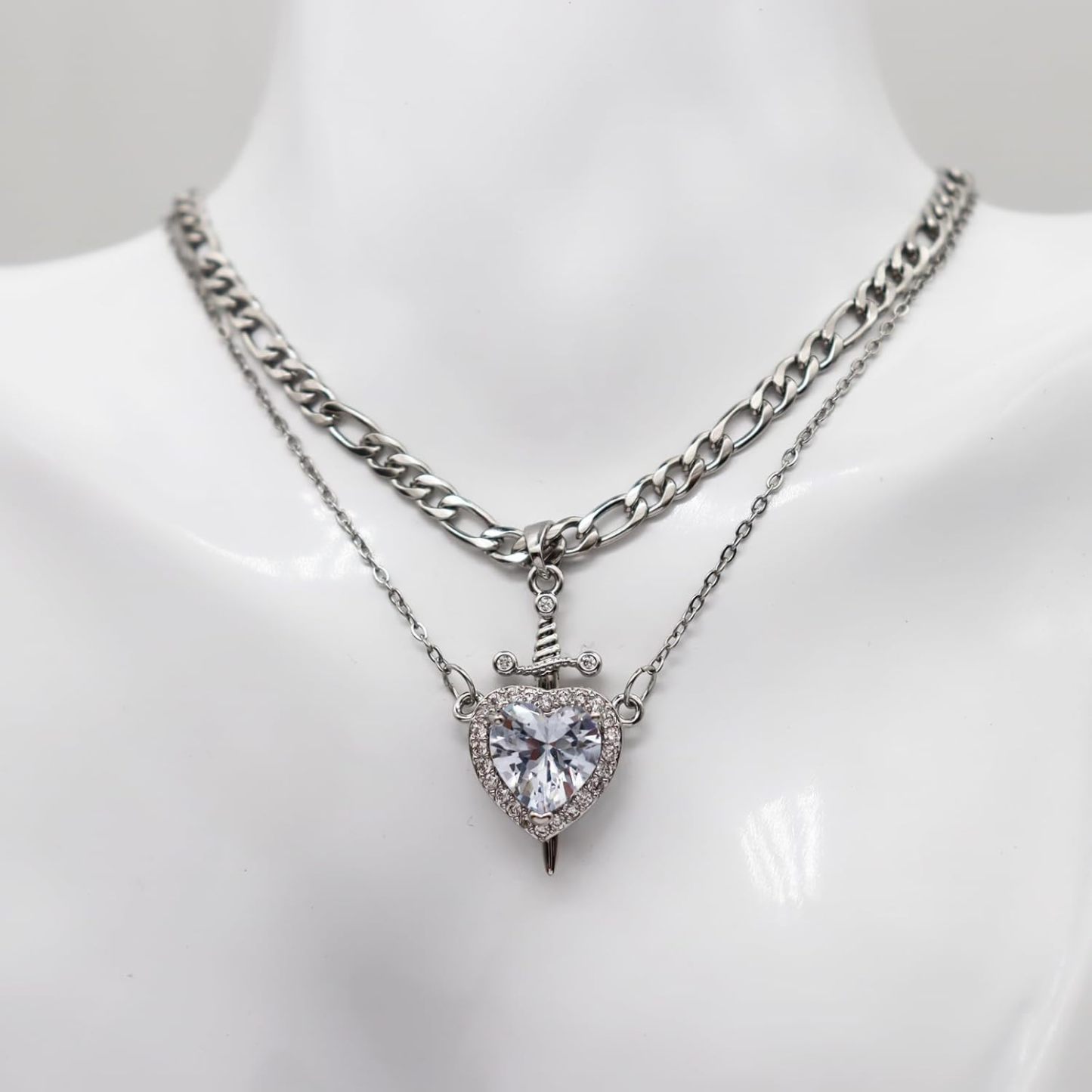 Heart Sword Necklace For Couples Stainless Steel Twist Water Wave Chain Cuban Chain Dainty Trendy Matching Sword And Heart Necklace Set Jewelry Gift