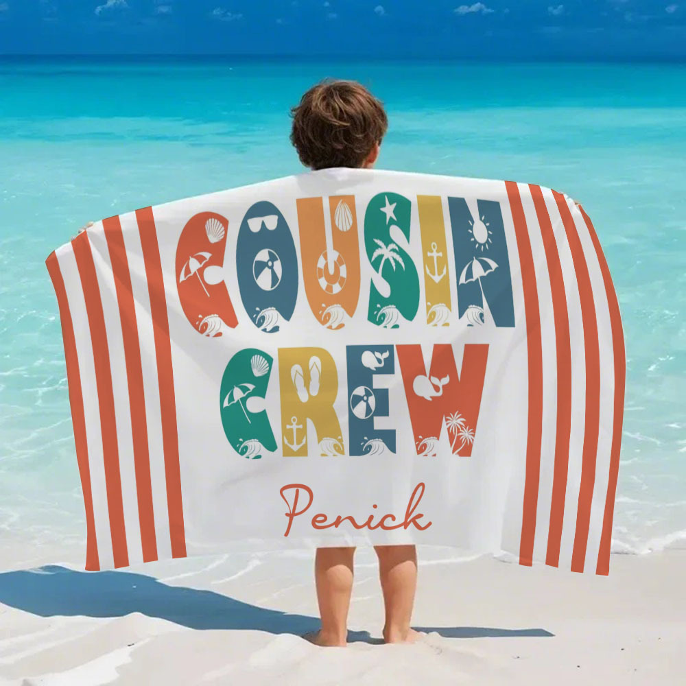 Personalized Cousin Crew Beach Towel, Custom Name Pool Bath Towel, Cousin Vacation Trip Gift