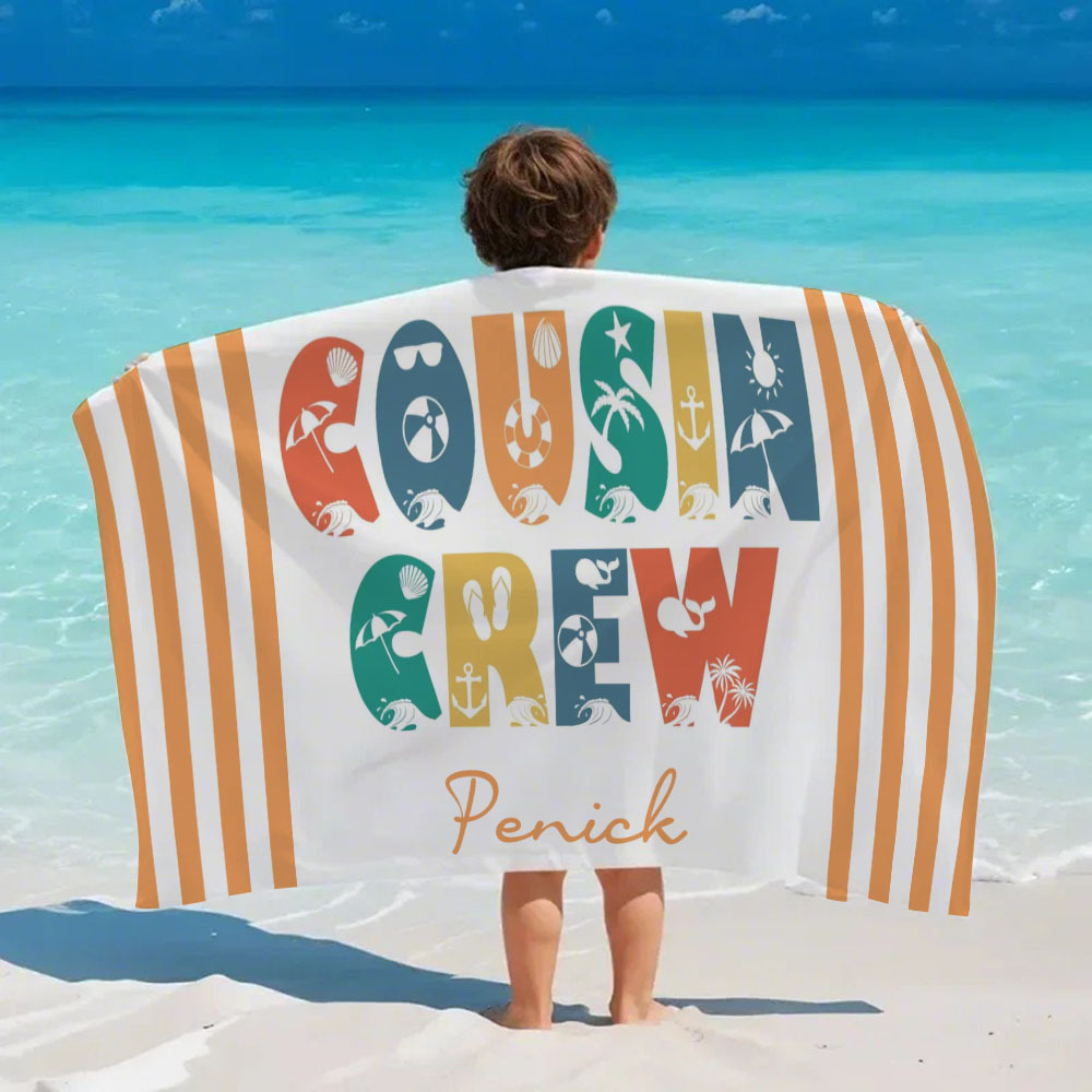 Personalized Cousin Crew Beach Towel, Custom Name Pool Bath Towel, Cousin Vacation Trip Gift