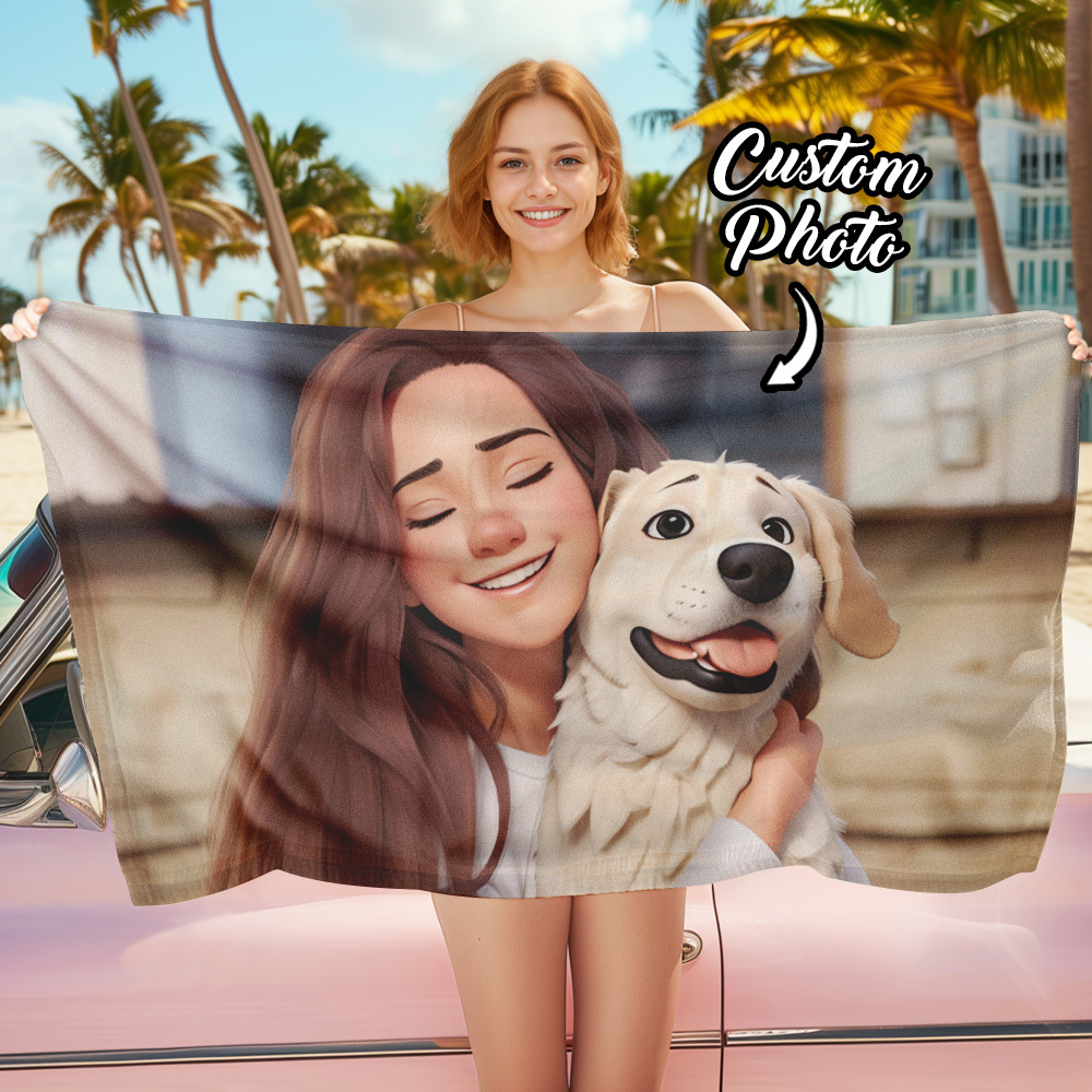 Custom Couple Photo 3D Cartoon Portrait Gift Photo Beach Towel