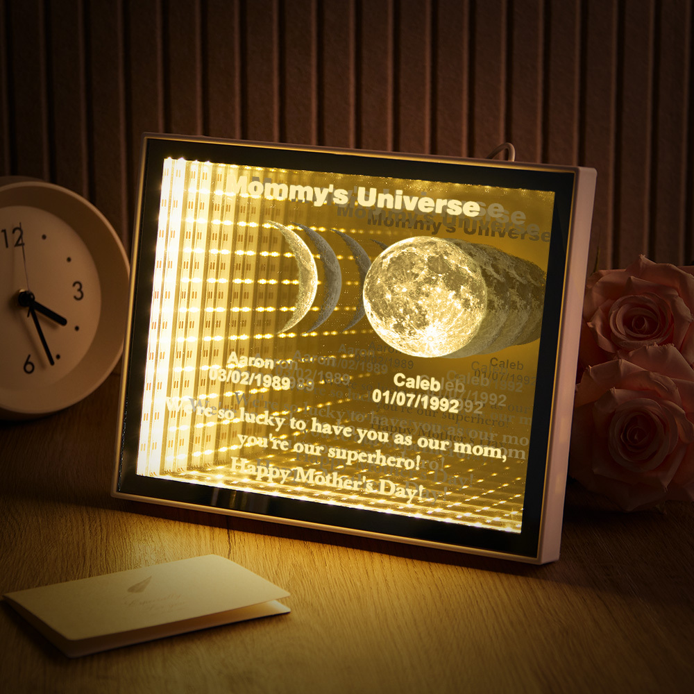 Custom Mirror Infinity Moon Phase Lightbox Personalized Night Light Mirror with Personalized Name and Heartfelt Text for Mom on Mother's Day