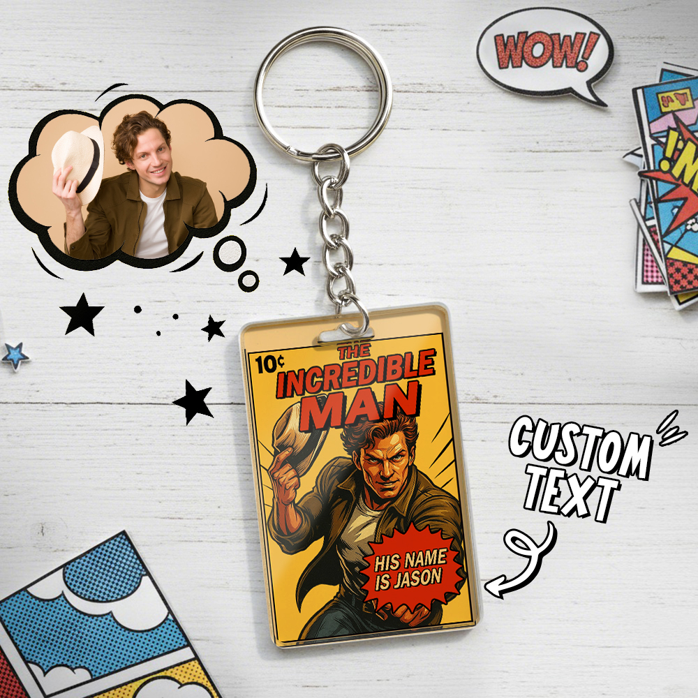 Custom Vintage Retro Comic Book Keychain DIY Hero Style Keychain | Personalized Vintage Retro Comic Key Chain Gift for Friends or Couples