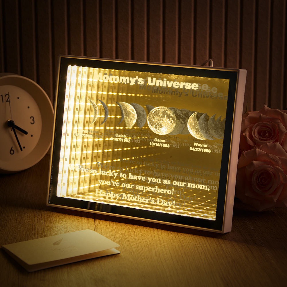 Custom Mirror Infinity Moon Phase Lightbox Personalized Night Light Mirror with Personalized Name and Heartfelt Text for Mom on Mother's Day