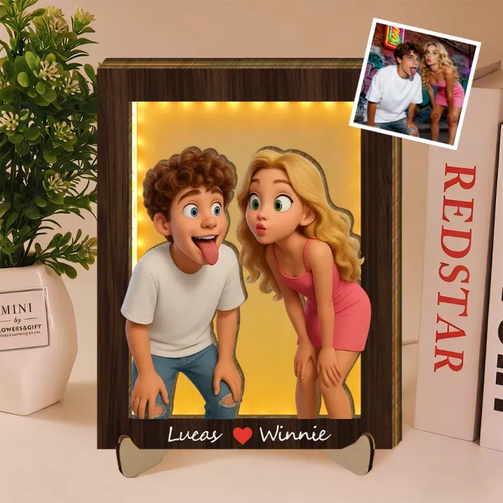 Personalized Wooden Cartoon Light Wall Art, Custom Cartoon Portrait, Wood Home Decor, Night Light Gifts, Valentine's Day Gift