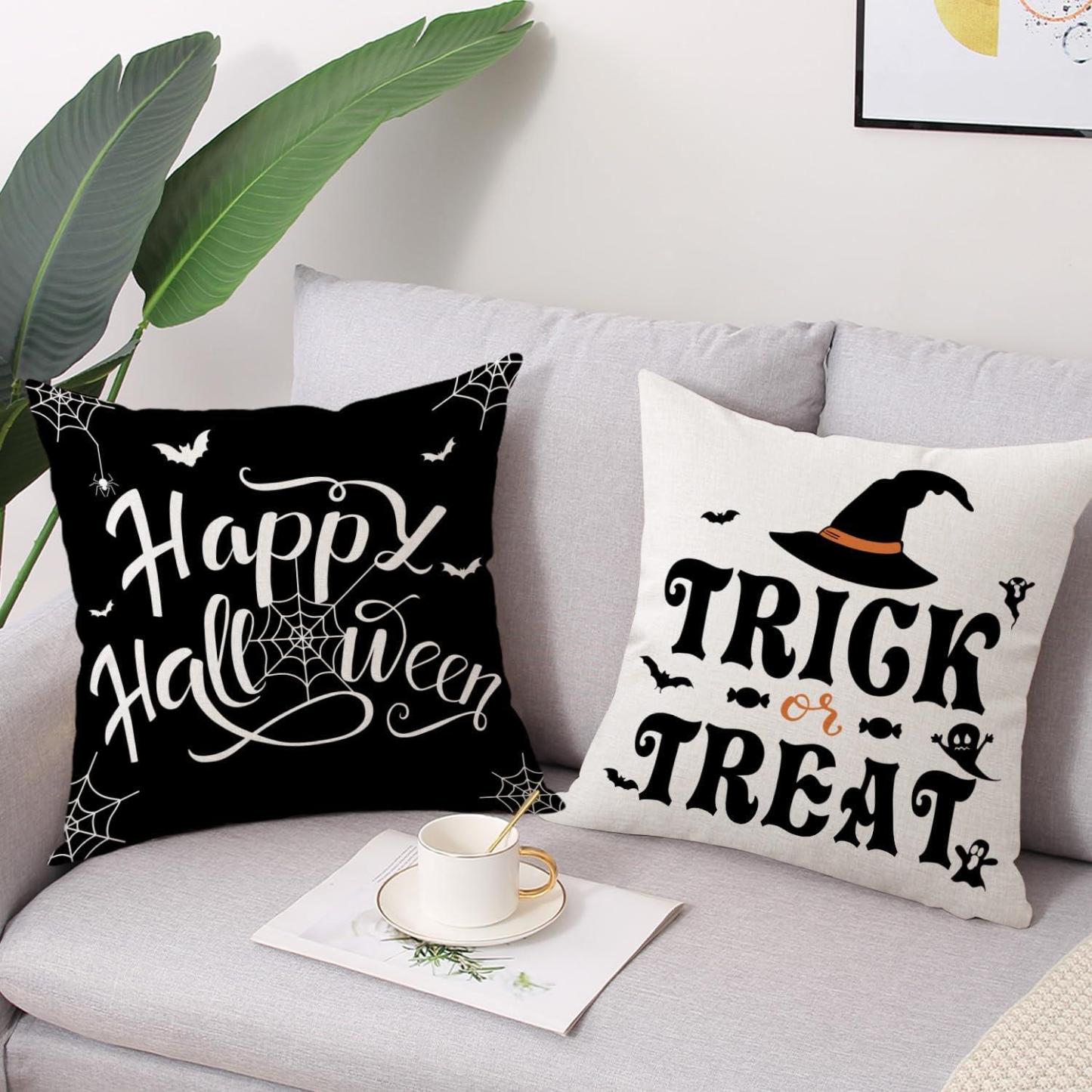 Halloween Pillow Covers 18 x 18 Set of 4 -Linen Print Thanksgiving Sofa Pillow Cover -Happy Halloween Cushion Case for Holiday Party Living Room Bedroom Home Fall Decorative