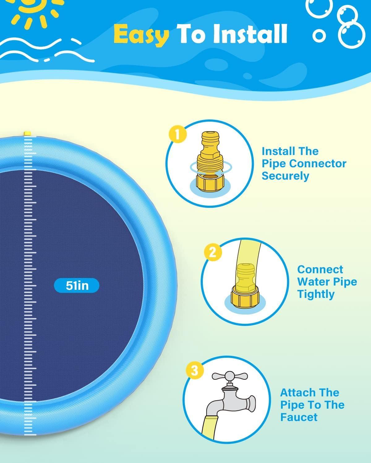 Splash Pad for Dogs & Kids - Anti-Slip Dog Pool for Large Dogs, 0.58 mm Thickened Durable Outdoor Water Play Mat, Summer Sprinkler Toy for Backyard (51inch)