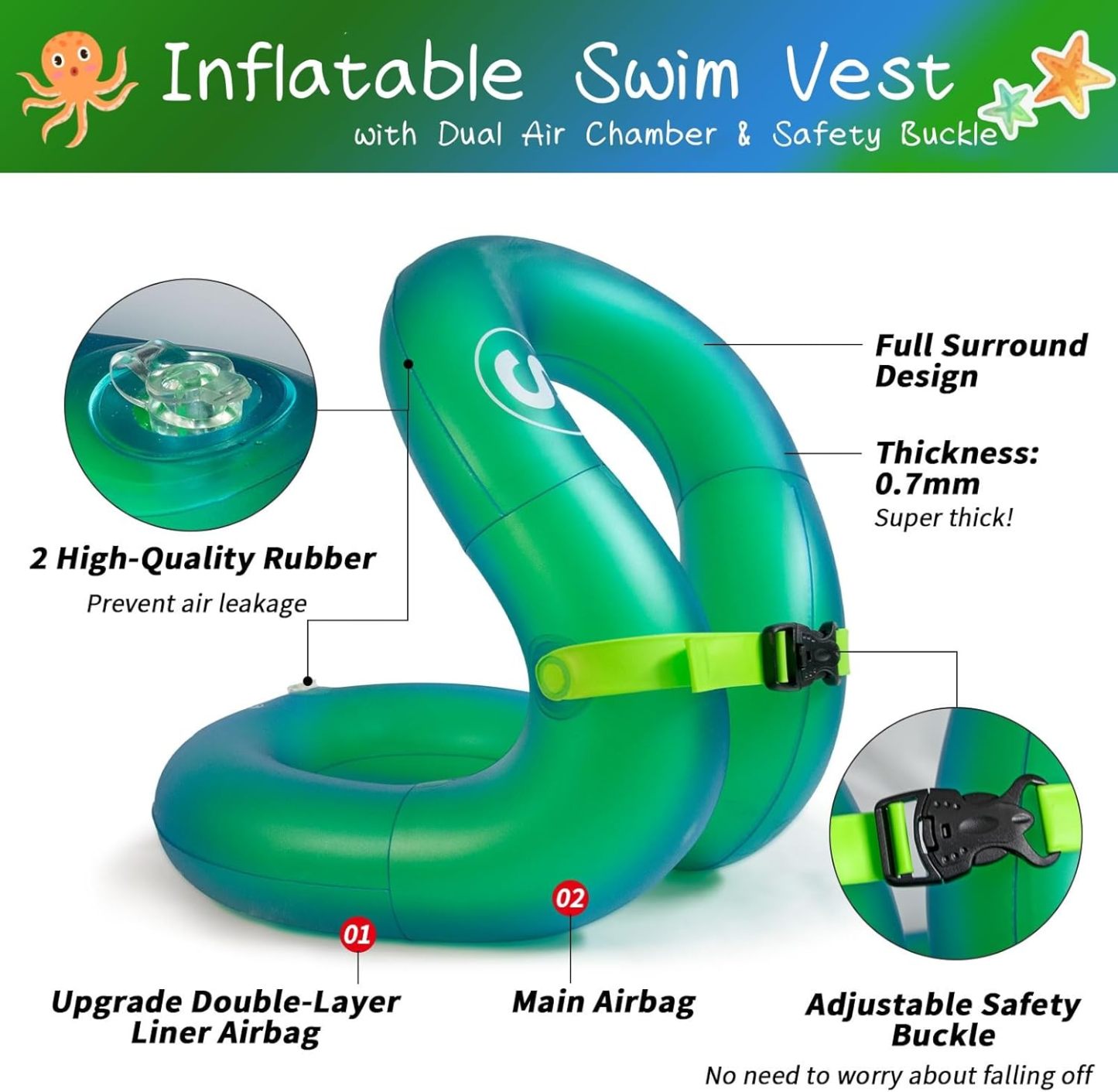 Inflatable Swim Vest for Kids & Adults, Adjustable Swimming Float Jacket, Lightweight Buoyancy Aid for Pool, Beach & Water Sports