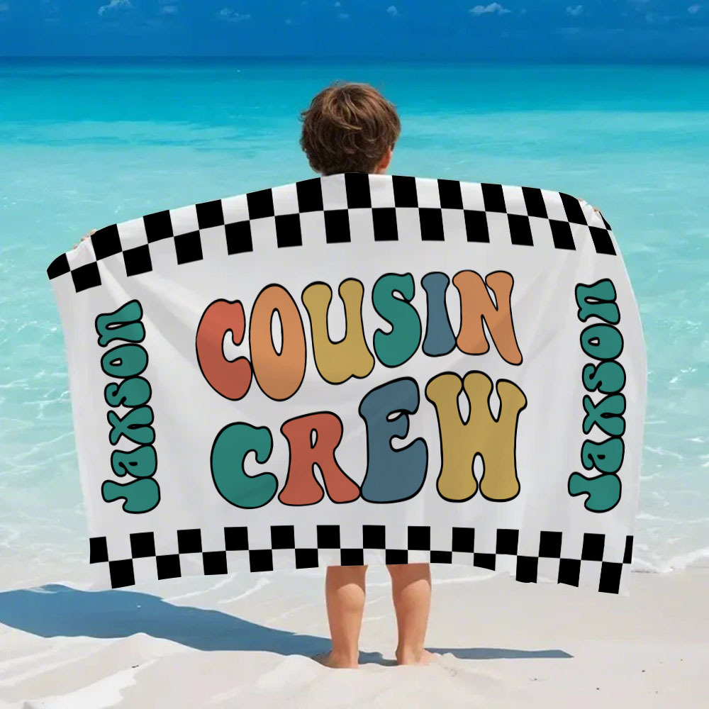 Personalized Cousin Crew Beach Towel, Custom Name Pool Bath Towel, Cousin Family Reunion Gift, Retro Checkered Beach Towel, Cousin Crew Beach Towel
