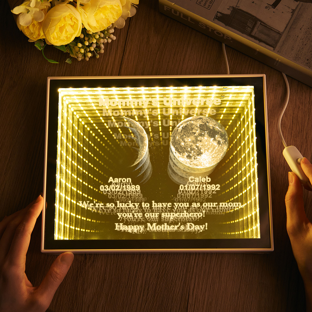 Custom Mirror Infinity Moon Phase Lightbox Personalized Night Light Mirror with Personalized Name and Heartfelt Text for Mom on Mother's Day
