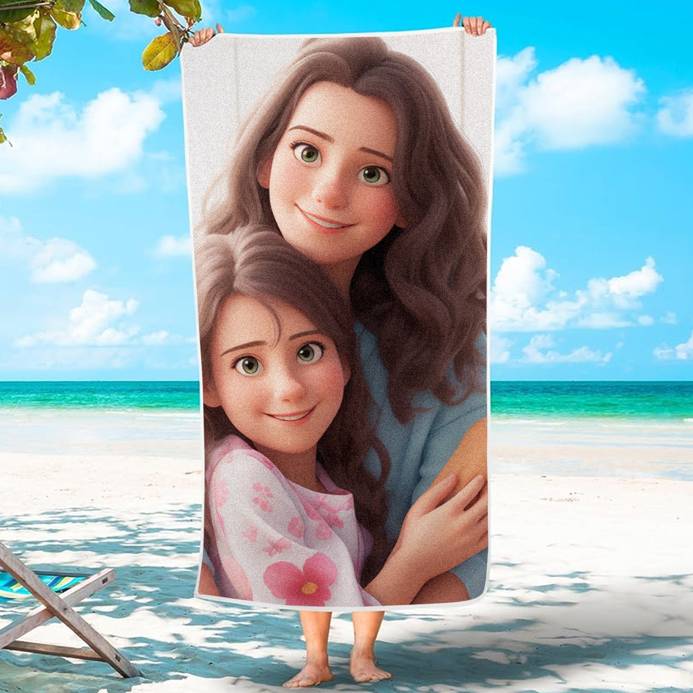 Custom Couple Photo 3D Cartoon Portrait Gift Photo Beach Towel