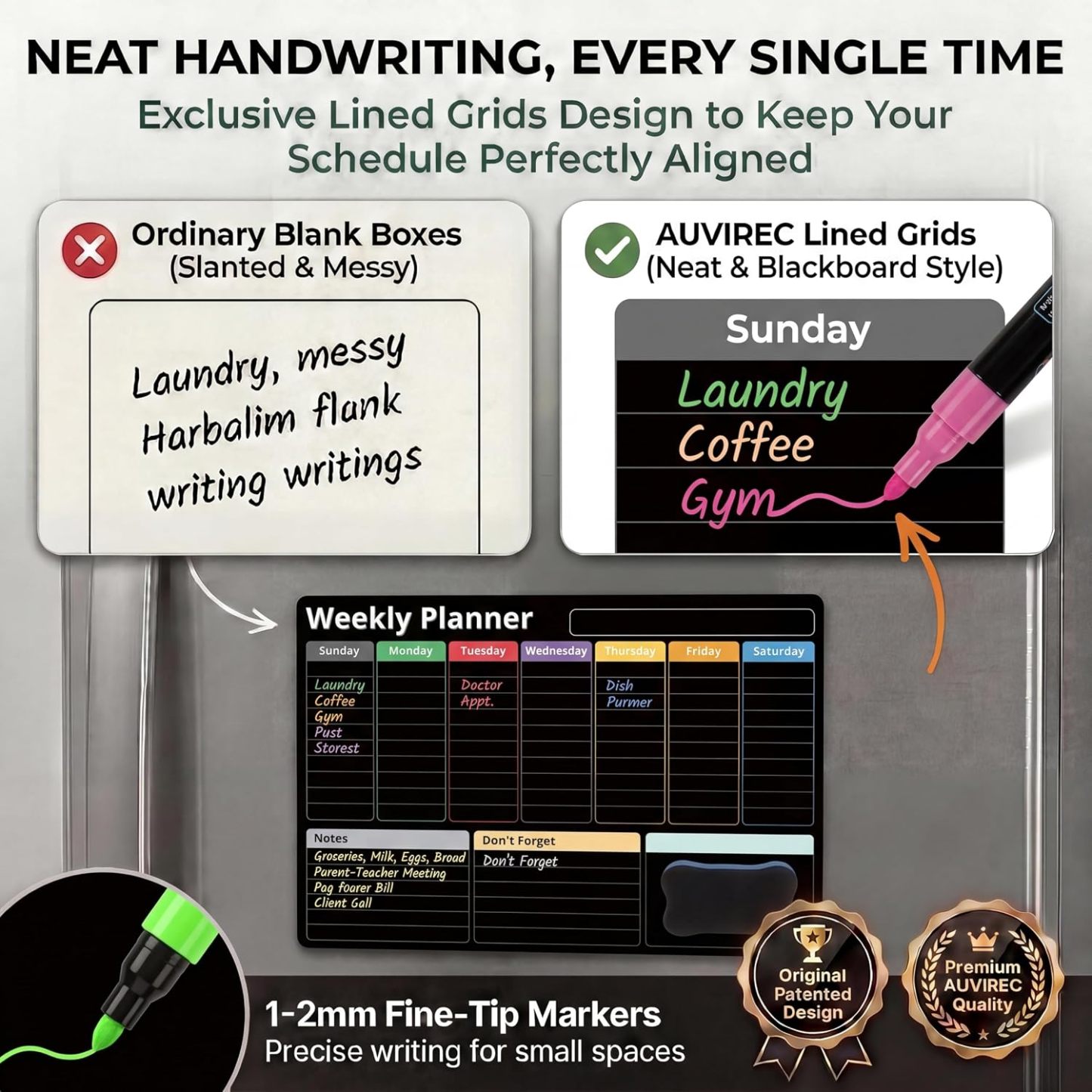 Magnetic Calendar for Refrigerator, Black Fridge Calendar 3-Pack | Dry Erase Calendar with Monthly Weekly Daily Planner, Nano-Tech Surface, 17"x12" Magnetic Board, 8 Neon Markers