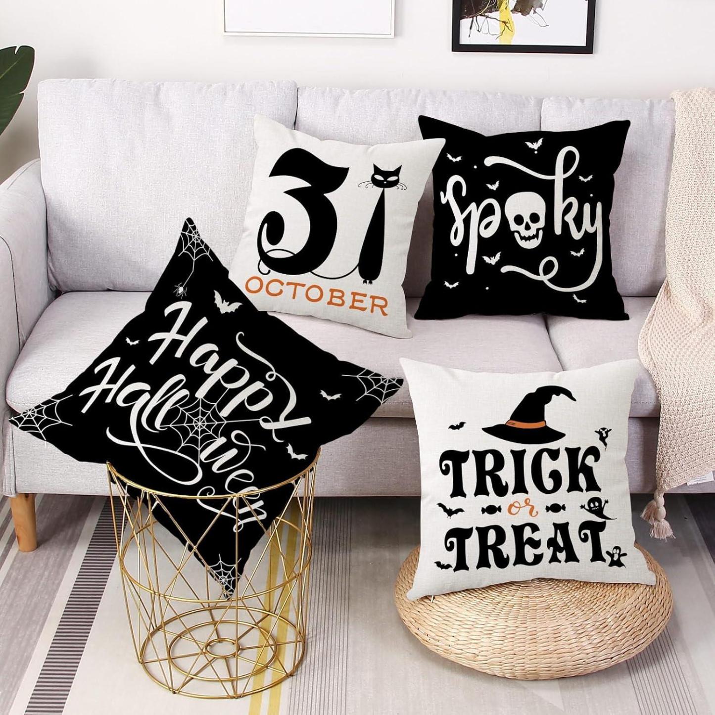 Halloween Pillow Covers 18 x 18 Set of 4 -Linen Print Thanksgiving Sofa Pillow Cover -Happy Halloween Cushion Case for Holiday Party Living Room Bedroom Home Fall Decorative