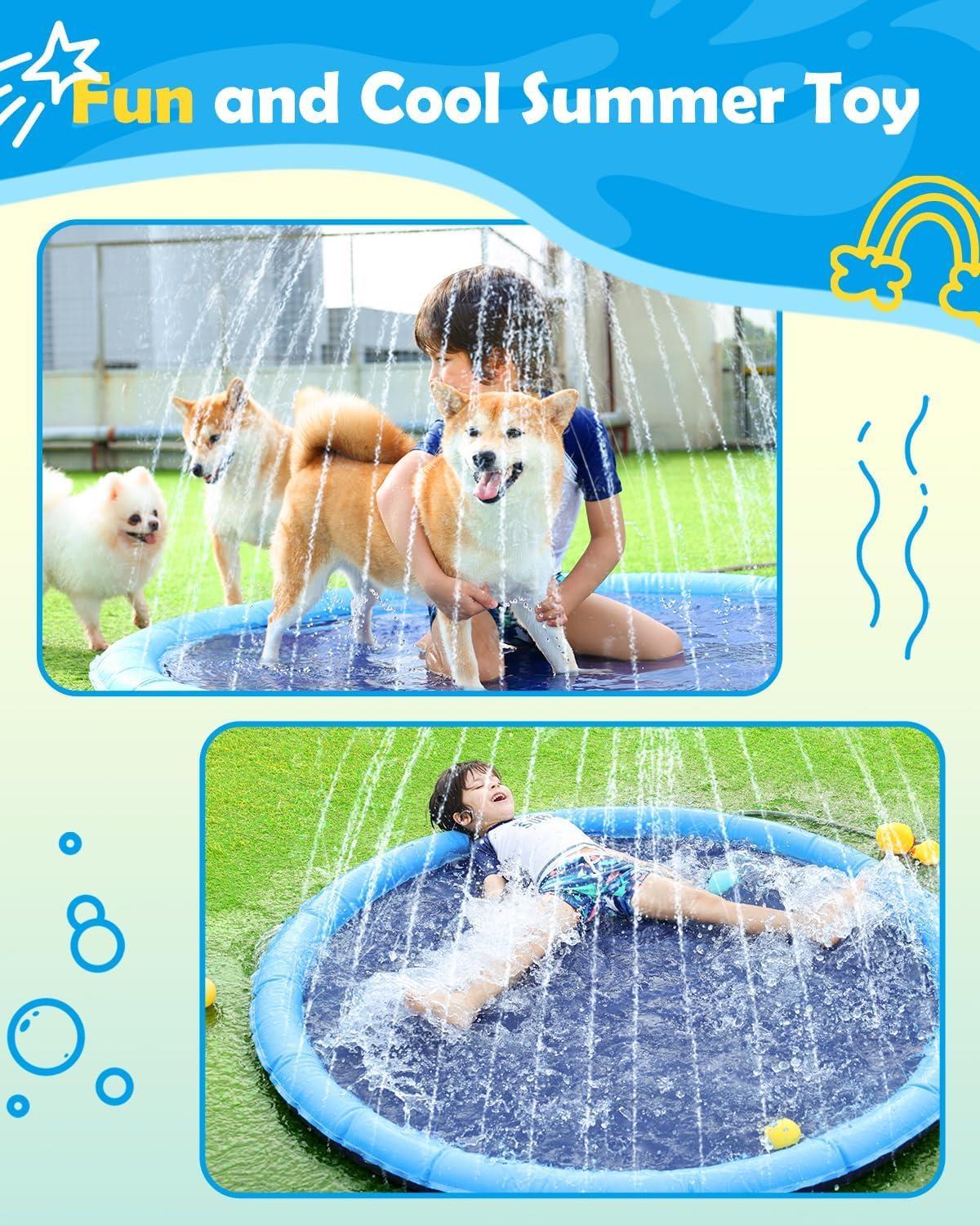 Splash Pad for Dogs & Kids - Anti-Slip Dog Pool for Large Dogs, 0.58 mm Thickened Durable Outdoor Water Play Mat, Summer Sprinkler Toy for Backyard (51inch)
