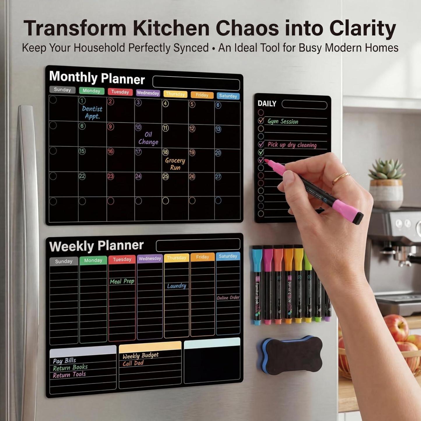 Magnetic Calendar for Refrigerator, Black Fridge Calendar 3-Pack | Dry Erase Calendar with Monthly Weekly Daily Planner, Nano-Tech Surface, 17"x12" Magnetic Board, 8 Neon Markers