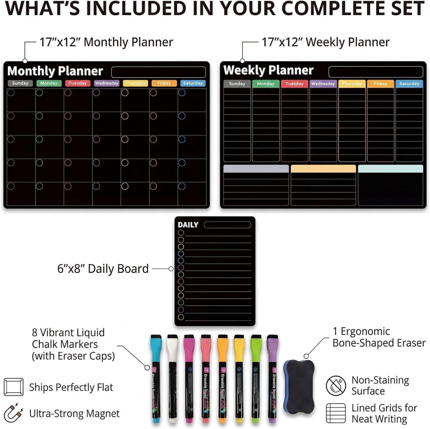 Magnetic Calendar for Refrigerator, Black Fridge Calendar 3-Pack | Dry Erase Calendar with Monthly Weekly Daily Planner, Nano-Tech Surface, 17"x12" Magnetic Board, 8 Neon Markers