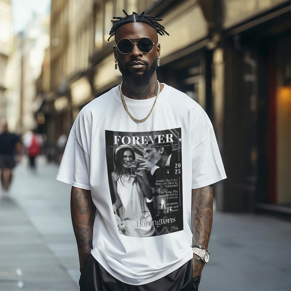 Custom Photo Magazine Tee Personalized Stylish T-shirt Couple Gifts Black