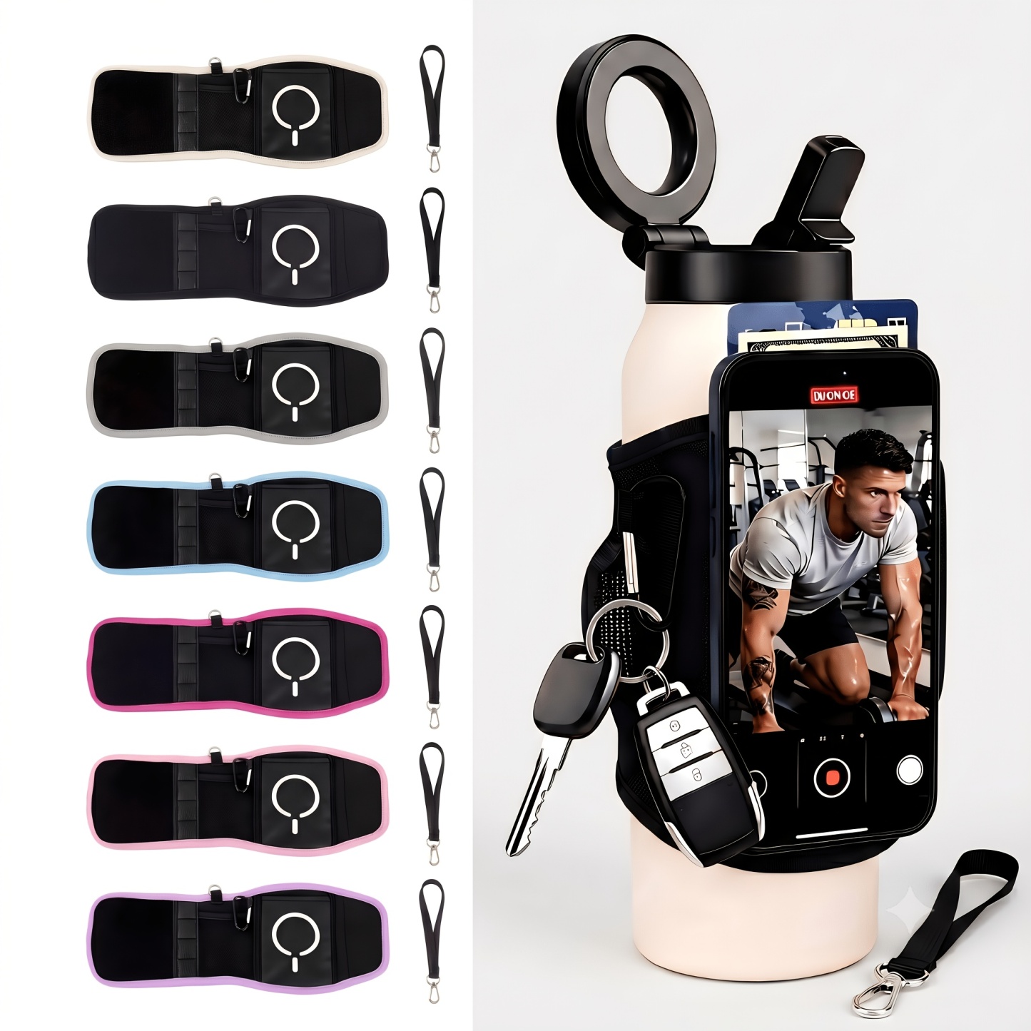 Magnetic Gym Water Bottle Bag & Holder With Magnetic Phone Pocket, Keys & Bluetooth Earphone Storage, Gym Accessories Organizer With Card & Cash Pocket