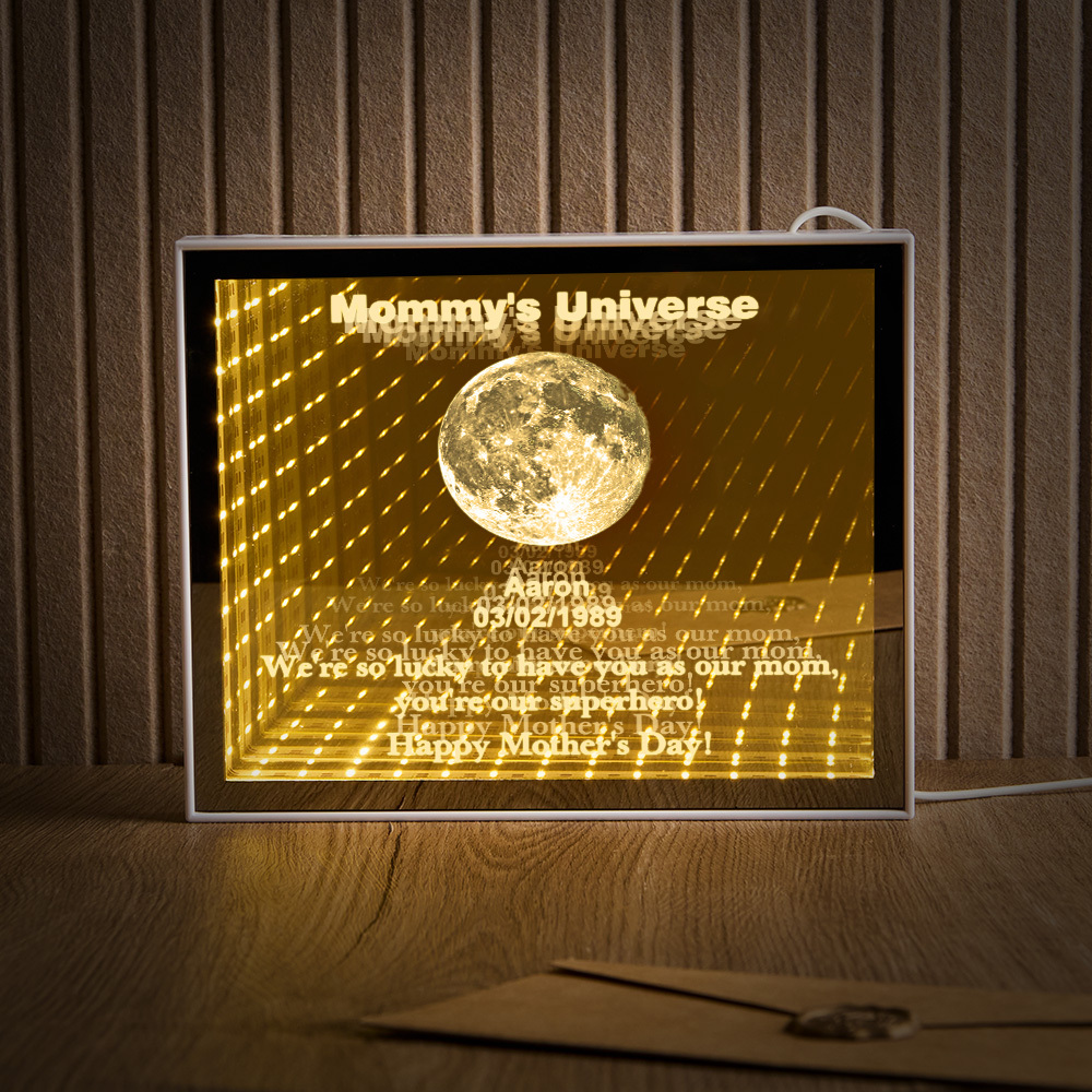 Custom Mirror Infinity Moon Phase Lightbox Personalized Night Light Mirror with Personalized Name and Heartfelt Text for Mom on Mother's Day