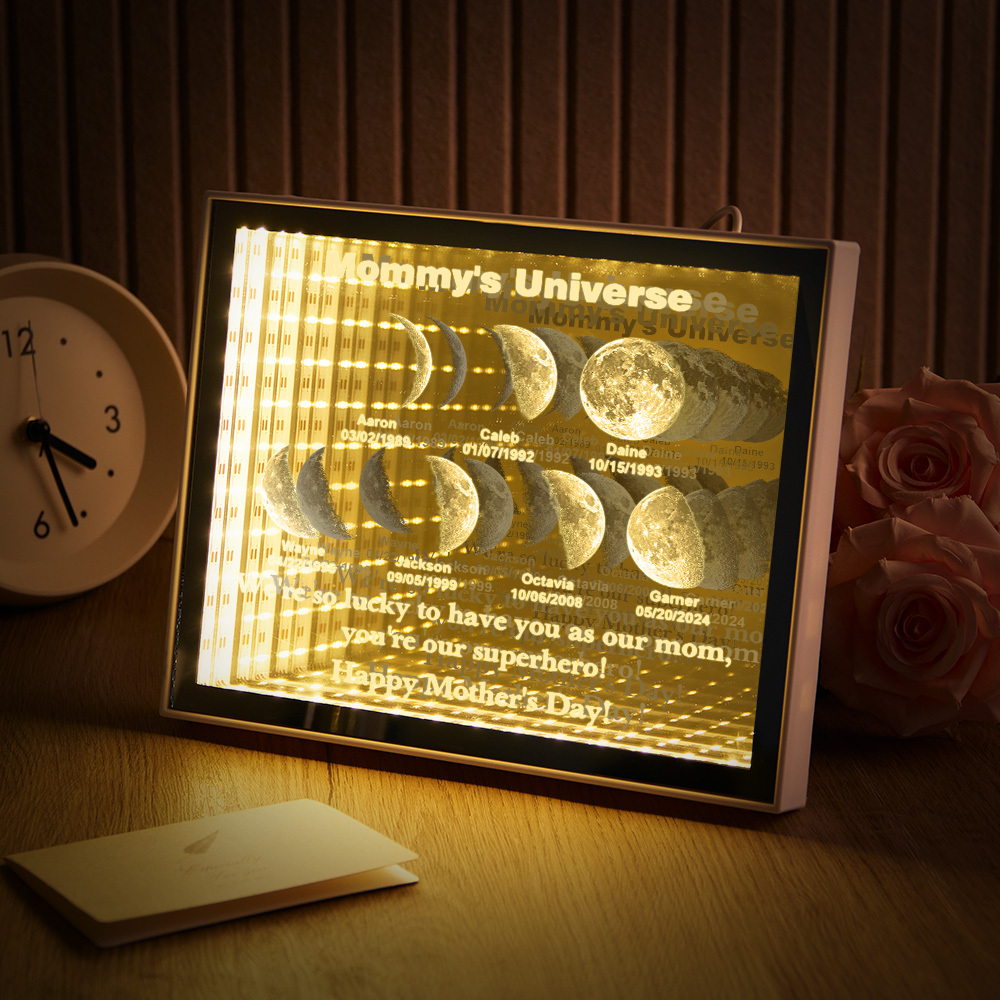 Custom Mirror Infinity Moon Phase Lightbox Personalized Night Light Mirror with Personalized Name and Heartfelt Text for Mom on Mother's Day
