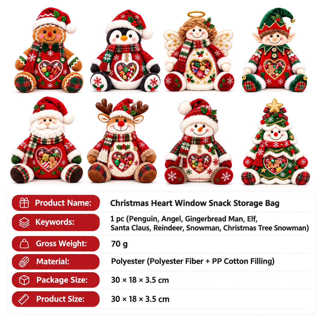 Christmas Plush Candy Storage Bag with Heart Clear Window, Festive Plush Toy Snack Pouch Gift Bag