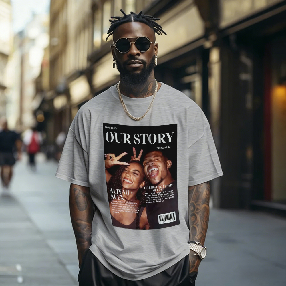 Custom Photo Magazine Tee Personalized Stylish T-shirt Couple Gifts Black