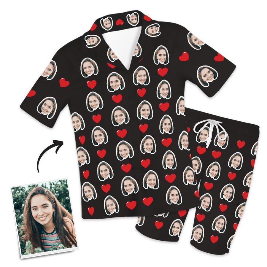 Custom Face Short Sleeved Pajamas With Hearts - Unique Pajamas Gifts For Mom - mysiliconefoodbag