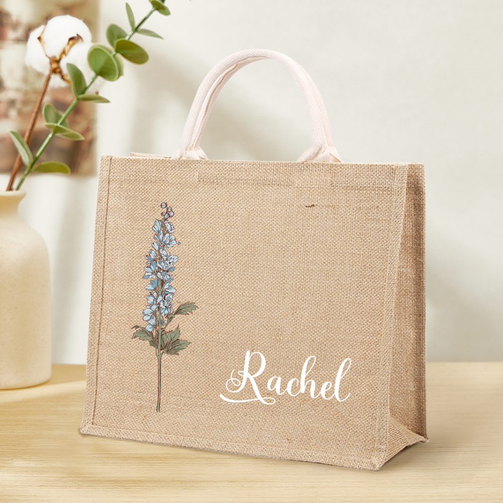 Personalized Birth Flower Beach Jute Tote Bag with Name Birthday Wedding Party Gifts for Her - mysiliconefoodbag