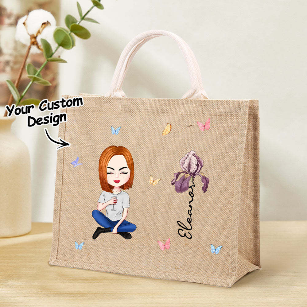 Personalized Cartoon Women Girl Birth Flower Jute Tote Bag with Name Wedding Birthday Gift for Her - mysiliconefoodbag