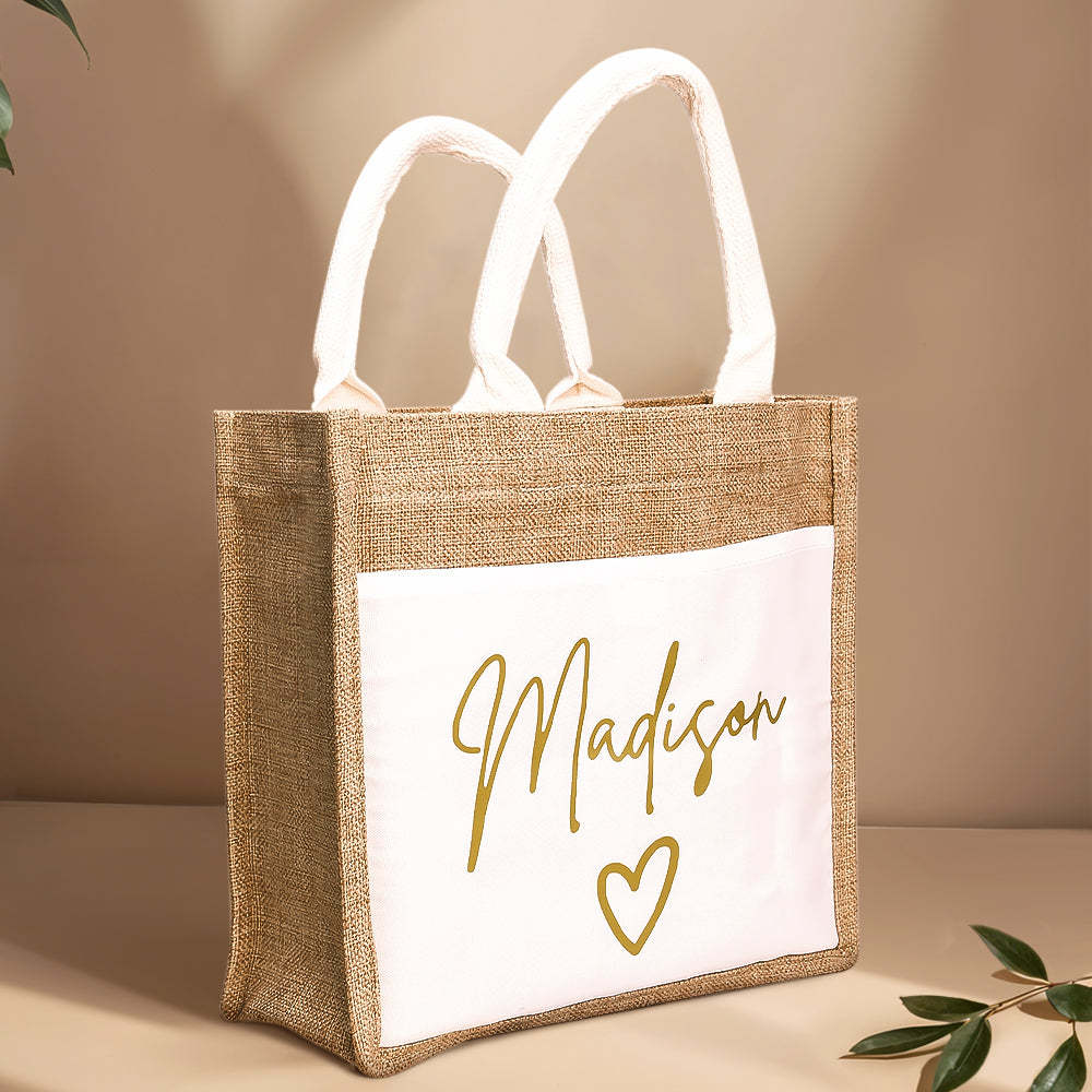 Personalized Jute Tote Bag with Pocket Reusable Beach Travel Accessory Bridal Party Wedding Gift for Her - mysiliconefoodbag