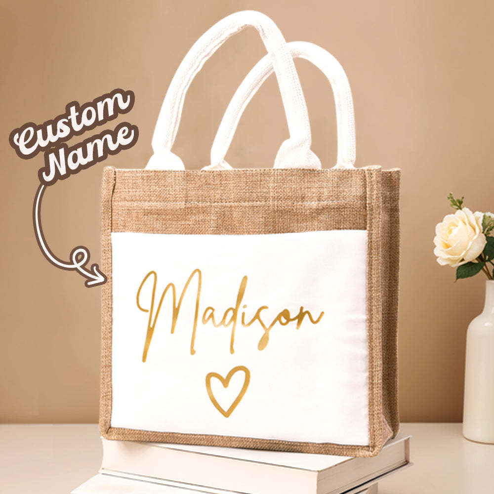 Personalized Jute Tote Bag with Pocket Reusable Beach Travel Accessory Bridal Party Wedding Gift for Her - mysiliconefoodbag