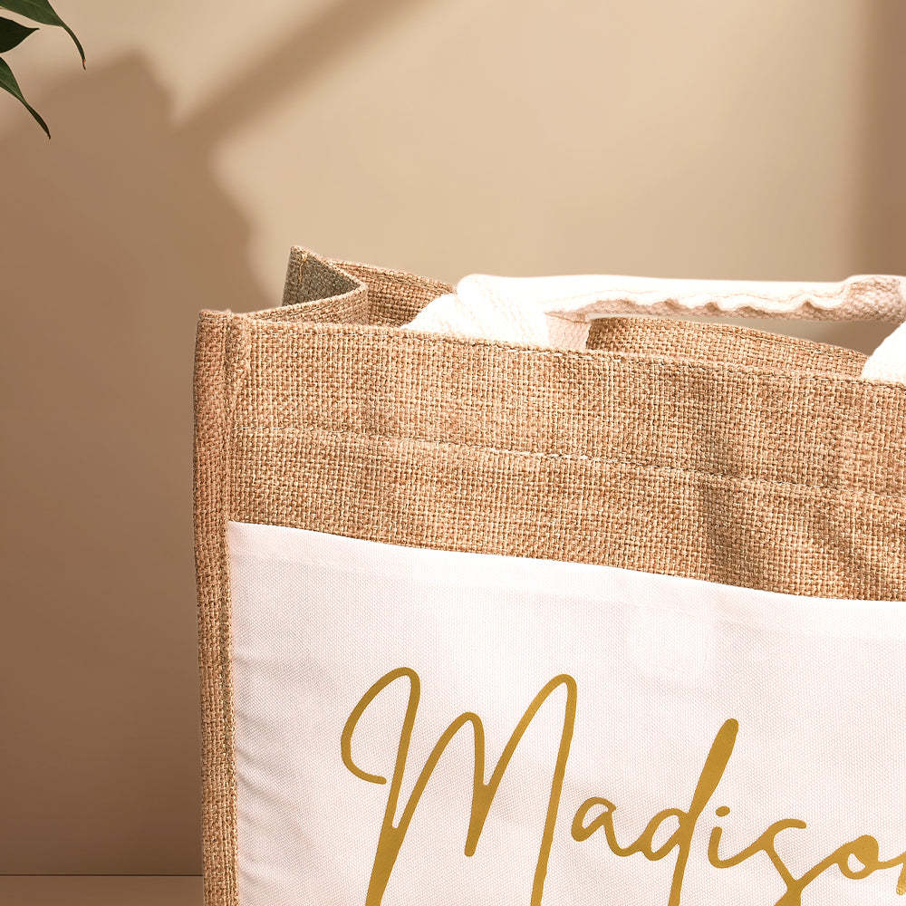 Personalized Jute Tote Bag with Pocket Reusable Beach Travel Accessory Bridal Party Wedding Gift for Her - mysiliconefoodbag