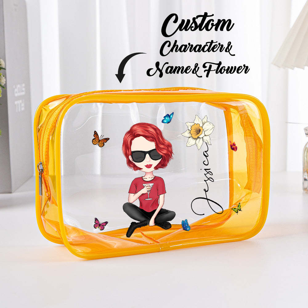 Personalized Cartoon Girl Birth Flower Clear Waterproof Makeup Bag with Name Birthday Gift for Her - mysiliconefoodbag