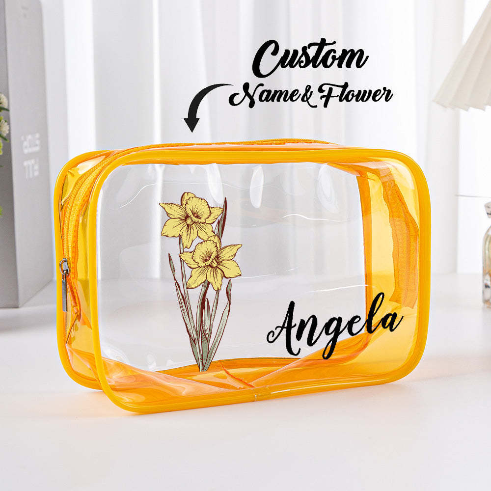 Personalized Birth Flower Clear Makeup Bag Waterproof Cosmetic Bag Wedding Travel Gift for Her - mysiliconefoodbag