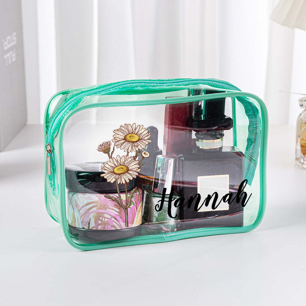 Personalized Birth Flower Clear Makeup Bag Waterproof Cosmetic Bag Wedding Travel Gift for Her - mysiliconefoodbag