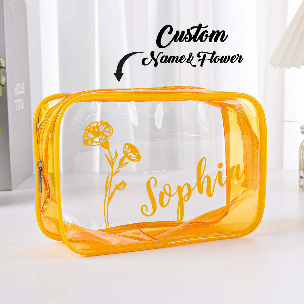 Personalized Birth Flower Name Clear Makeup Bag Birthday Wedding Travel Gift for Her - mysiliconefoodbag
