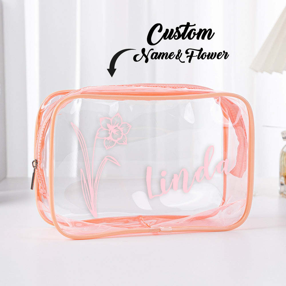 Personalized Birth Flower Name Clear Makeup Bag Birthday Wedding Travel Gift for Her - mysiliconefoodbag