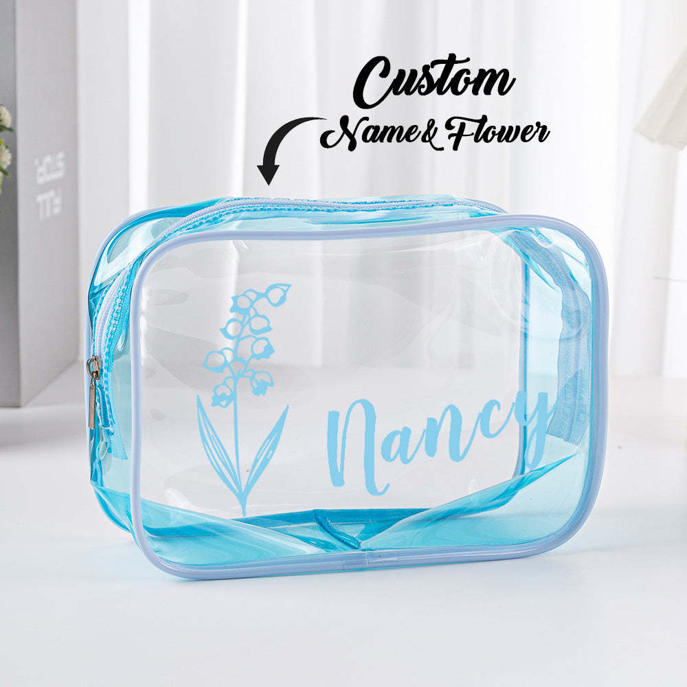 Personalized Birth Flower Name Clear Makeup Bag Birthday Wedding Travel Gift for Her - mysiliconefoodbag