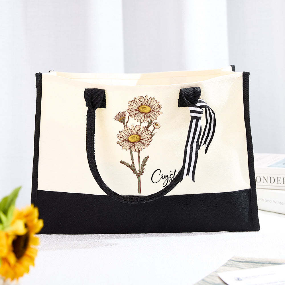 Personalized Birth Flower Canvas Tote Bag Large Capacity Beach Tote Bag Gift for Her - mysiliconefoodbag