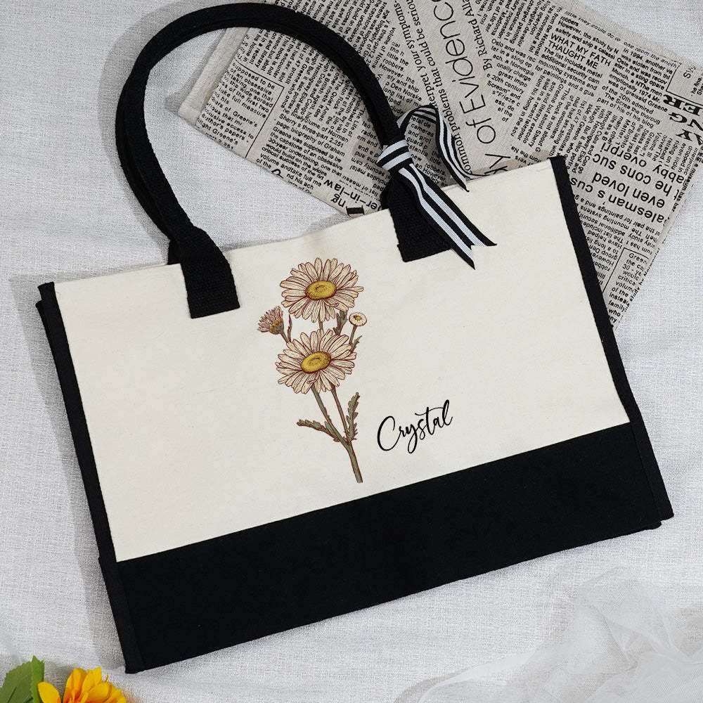 Personalized Birth Flower Canvas Tote Bag Large Capacity Beach Tote Bag Gift for Her - mysiliconefoodbag