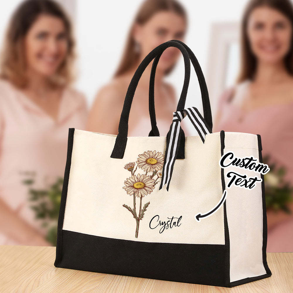 Personalized Birth Flower Canvas Tote Bag Large Capacity Beach Tote Bag Gift for Her - mysiliconefoodbag