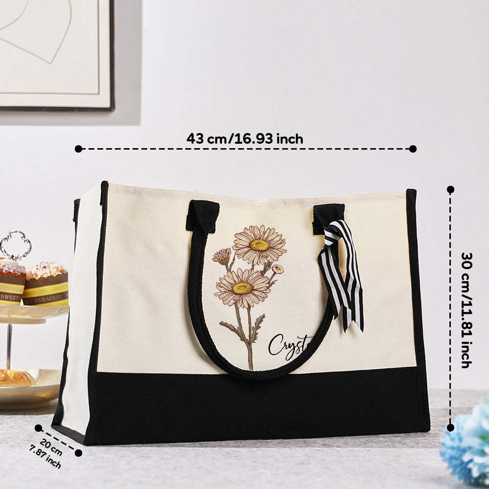 Personalized Birth Flower Canvas Tote Bag Large Capacity Beach Tote Bag Gift for Her - mysiliconefoodbag