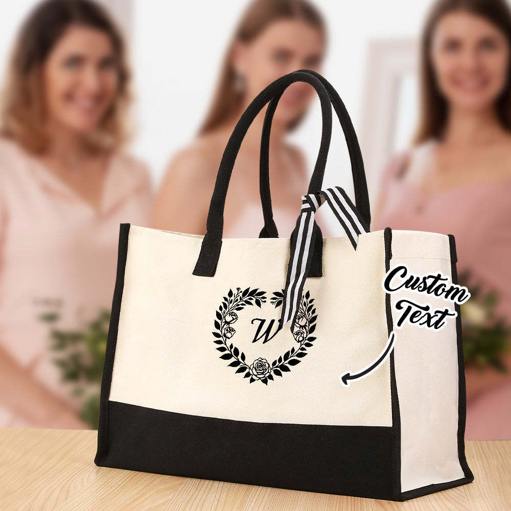 Personalized Wreath Initial Canvas Tote Bag Large Capacity Tote Bag Gift for Women - mysiliconefoodbag