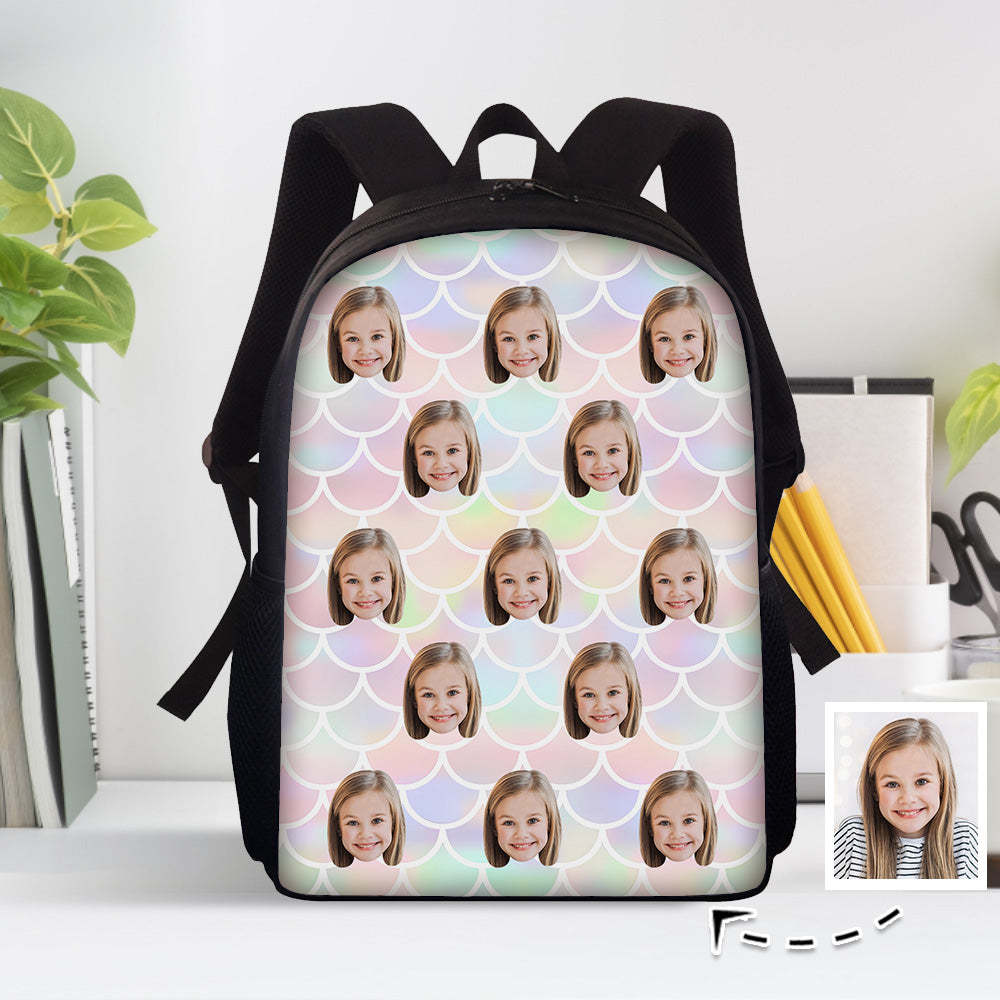 Custom Face Backpack Personalised Mermaid Color School Bag for Students - mysiliconefoodbag