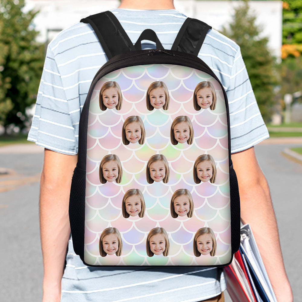 Custom Face Backpack Personalised Mermaid Color School Bag for Students - mysiliconefoodbag