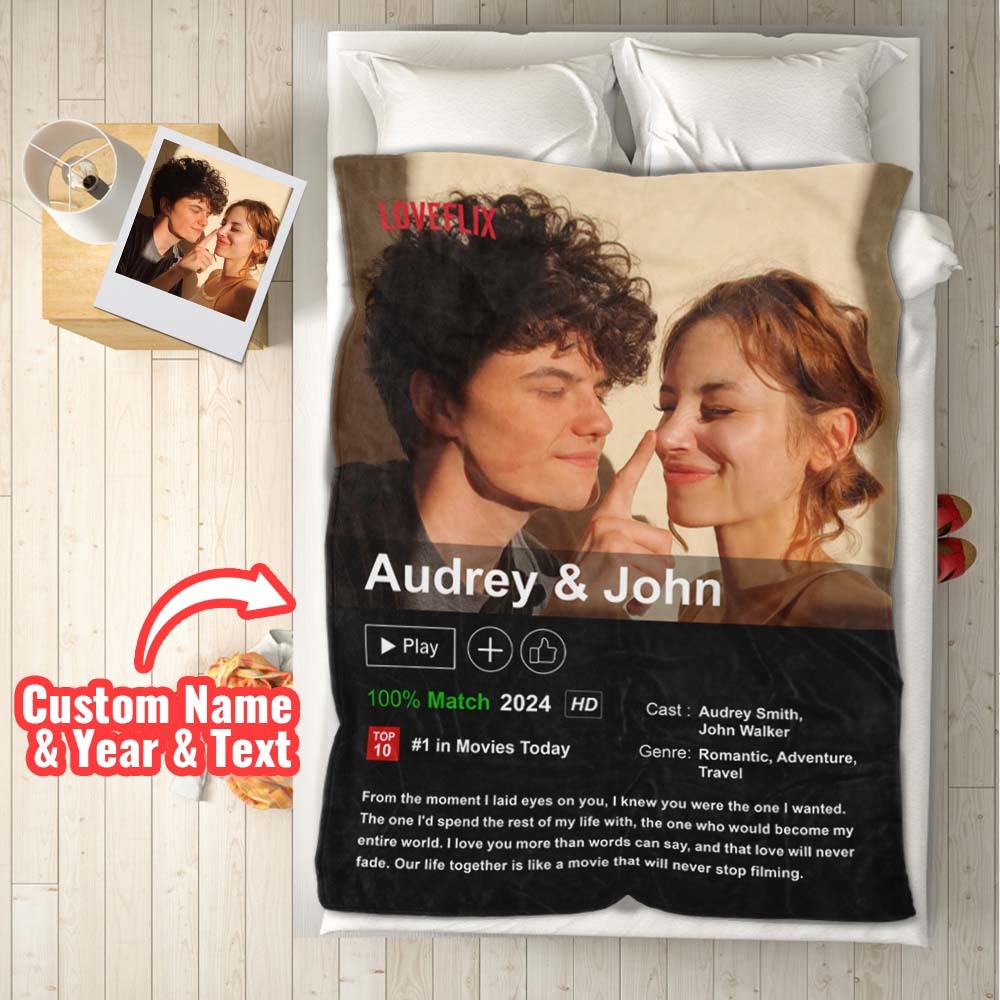 Custom Couples Loveflix Movie Poster Blanket Personalized Photo Blanket Gift for Lover - mysiliconefoodbag