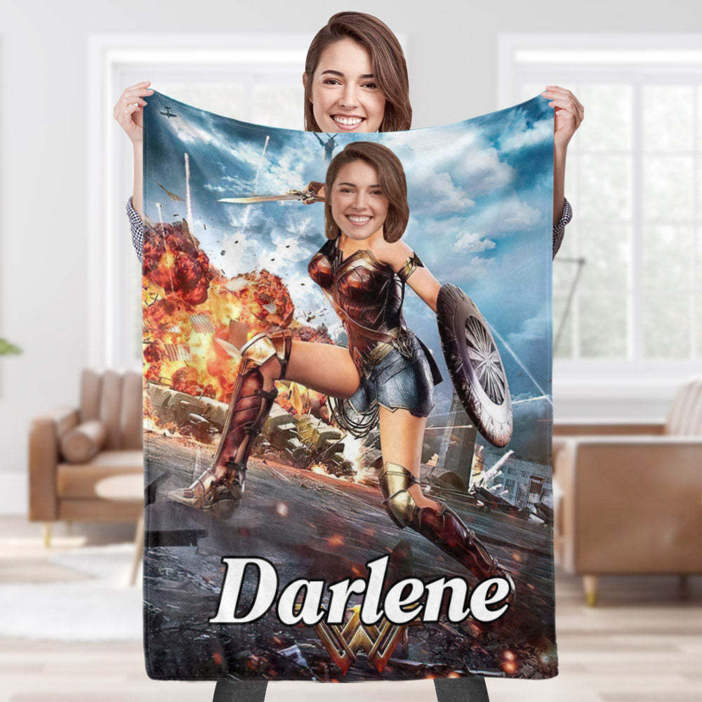 Custom Face Blanket Personalized Photo and Text Super Soldier Wonder Woman Blanket Minime Blanket Best Gift For Him - mysiliconefoodbag